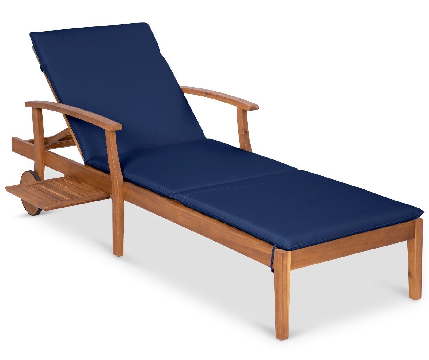 wood lounge chair with navy cushion