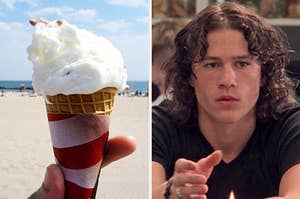 On the left, someone holding a vanilla ice cream cone on a beach, and on the right, Heath Ledger as Patrick in "10 Things I Hate About You" 