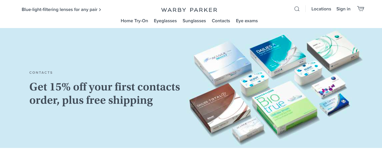 The site tab for the contacts section of Warby Parker