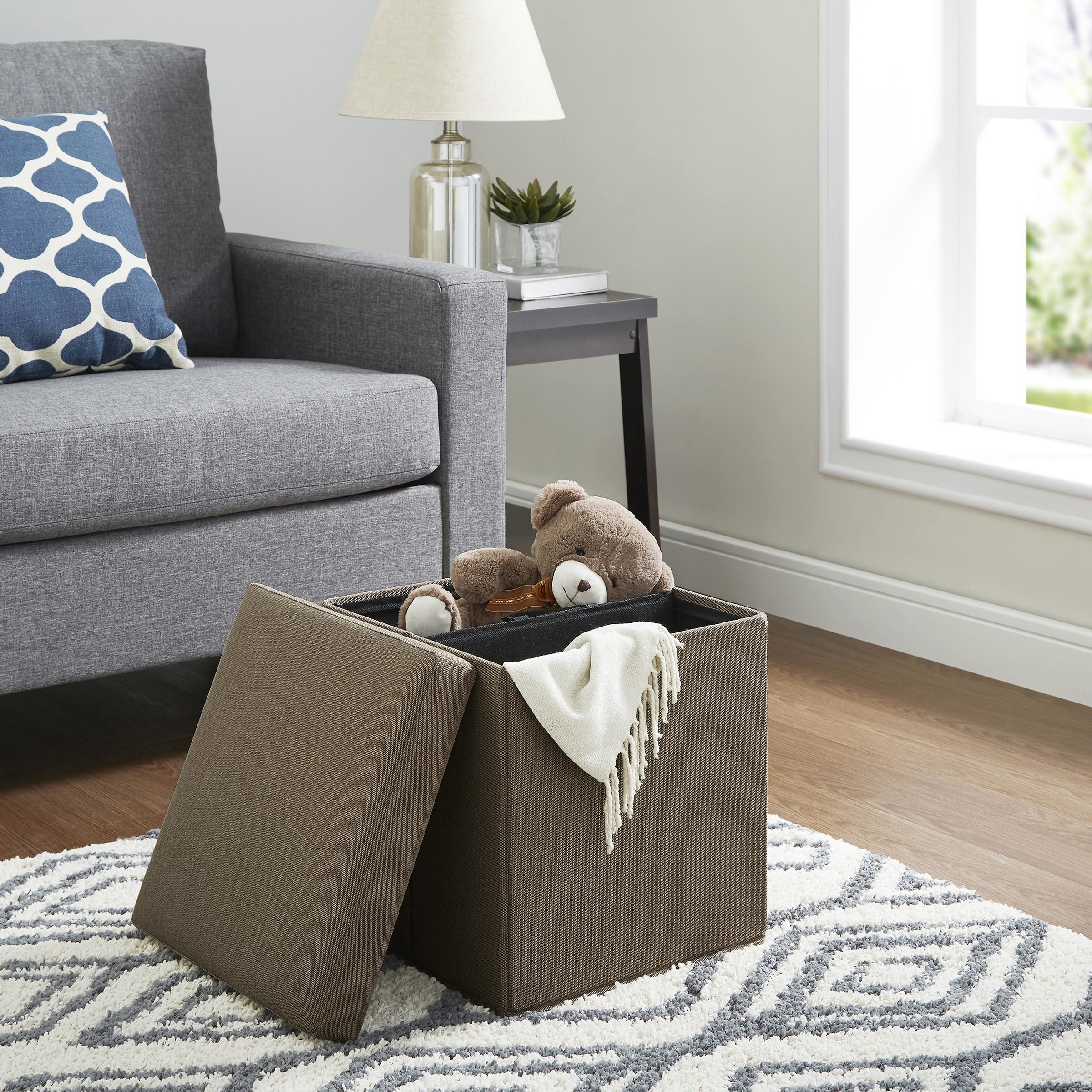 Brown square storage  unit in living room with teddy bear
