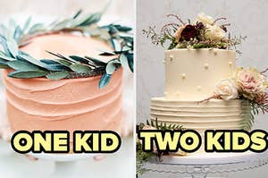 a small cake with leaves on top of the left with one kid written on it and a big cake with flowers on it on the right with two kids written under it