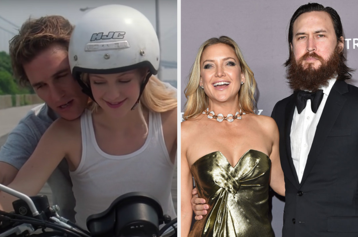 On the left, Hudson is with Matthew McConaughey on a motorcycle. On the right, Hudson is with her partner at an award ceremony