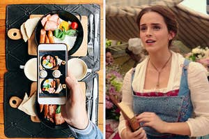 On the left, someone taking a photo of a breakfast table with their phone, and on the right, Emma Watson as Belle in "Beauty and the Beast"