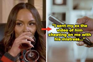 Someone mischievously sips wine next to a cell phone with the caption: "I sent my ex the video of him cheating on me with his mistress"