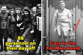 SS personnel posing for a photo, Harold Agnew holding the core to the Fat Man bomb