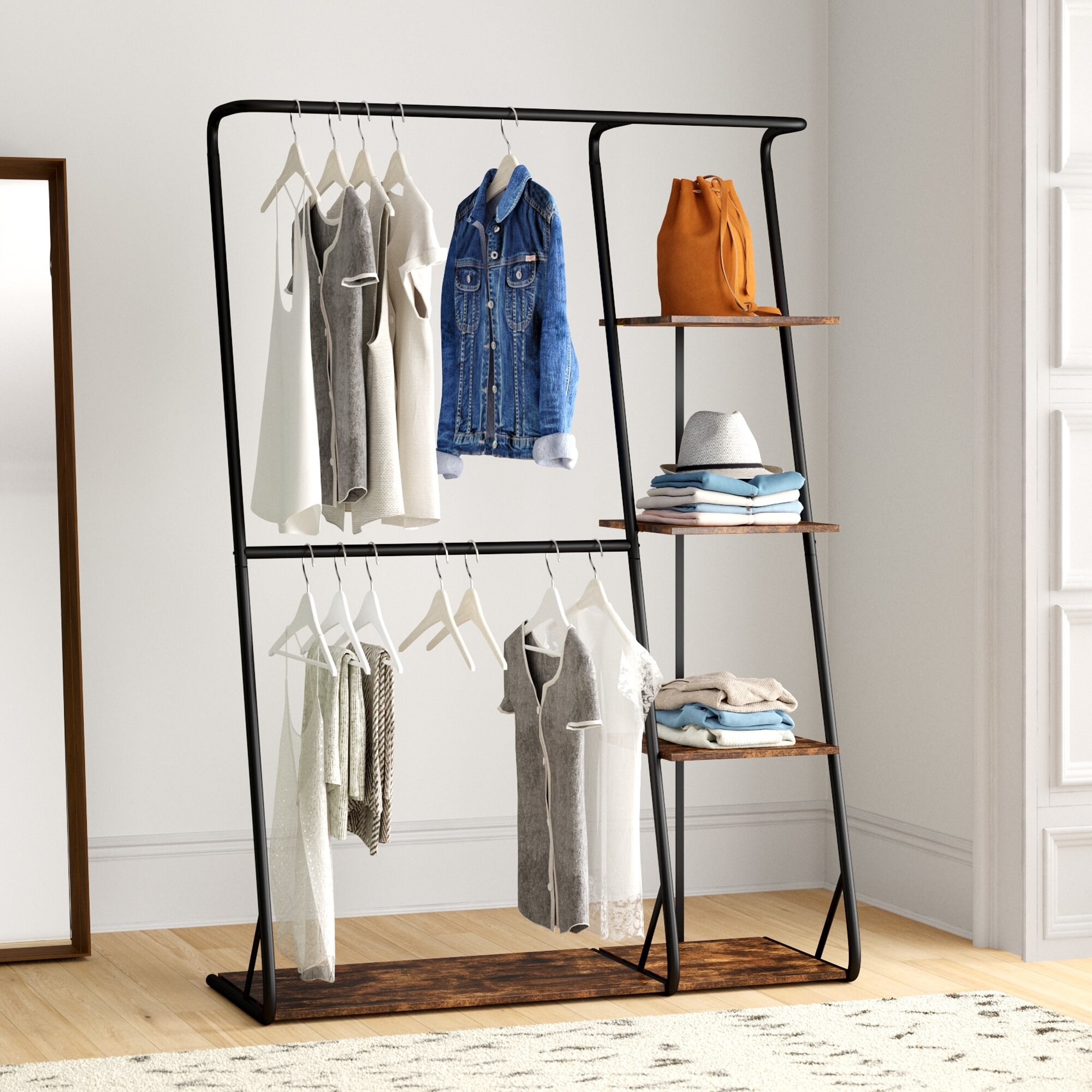 Industrial clothing rack in bedroom