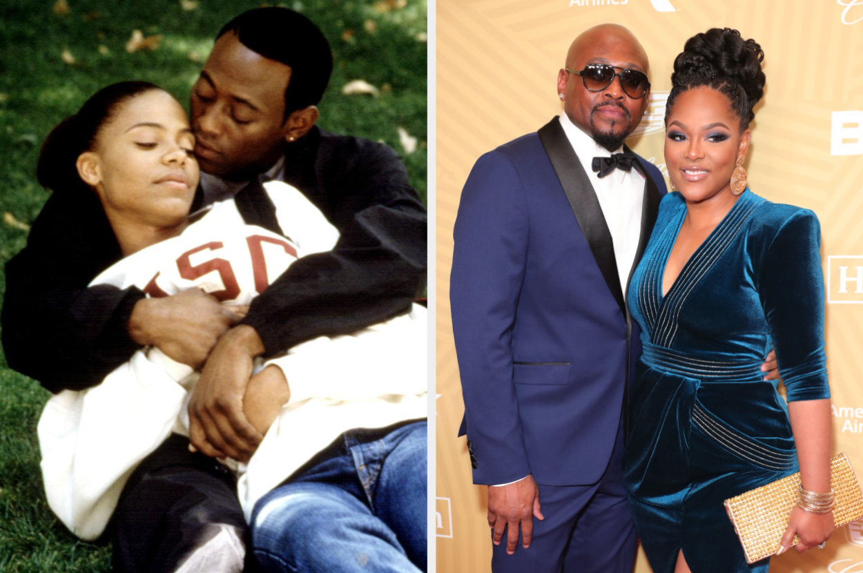 Omar Epps laying in the grass with his co-star on the left. Epps with his wife at the BET awards on the right.