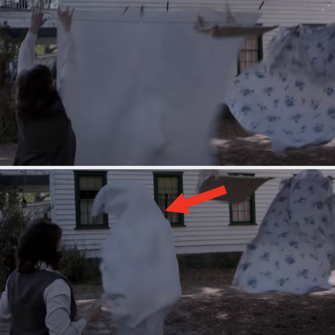 A woman goes to grab a sheet from a clothesline, but it flies off and forms the silhouette of a person