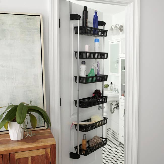 black over the door organizer with six baskets