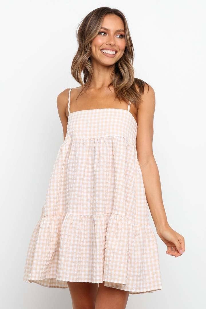 Take a look at our exciting line of Flower Child Bust Tie Ruffle Trim Dress  Leaf Print Beige Selfie Leslie . Unique Designs you won't find in any other  place