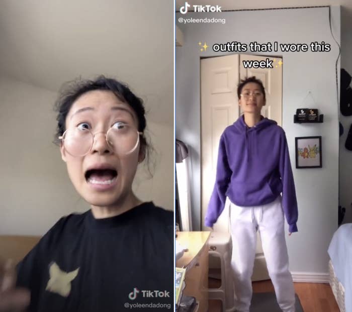 Screenshot of TikToks by @yoleendadong. In one she&#x27;s wearing a black t-shirt and appears to be yelling. In another she&#x27;s in sweatpants and a sweatshirt with the text: &quot;outfits that I wore this week&quot;