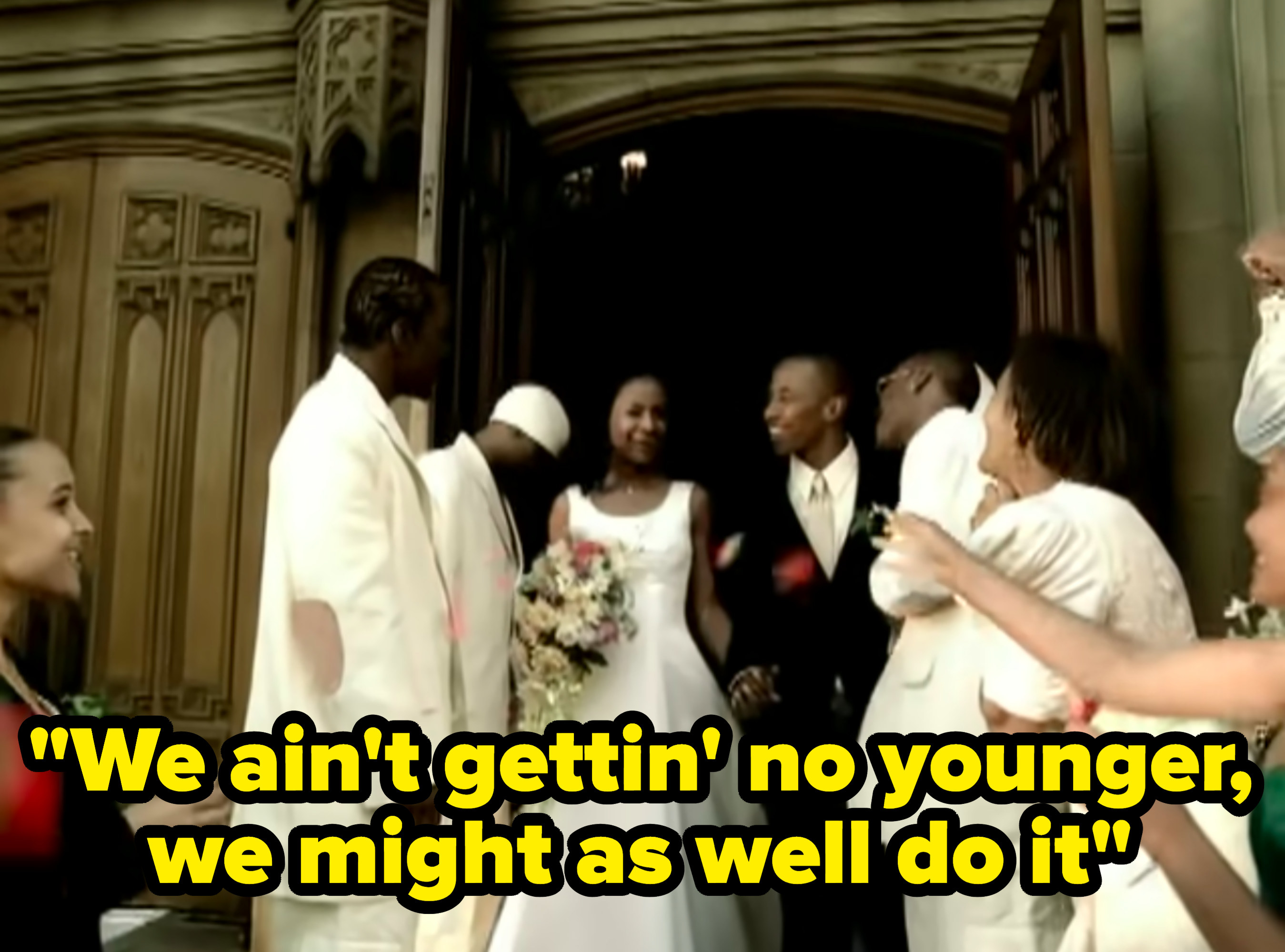 Still from the music video with the lyric: &quot;We ain&#x27;t gettin&#x27; no younger, we might as well do it&quot;