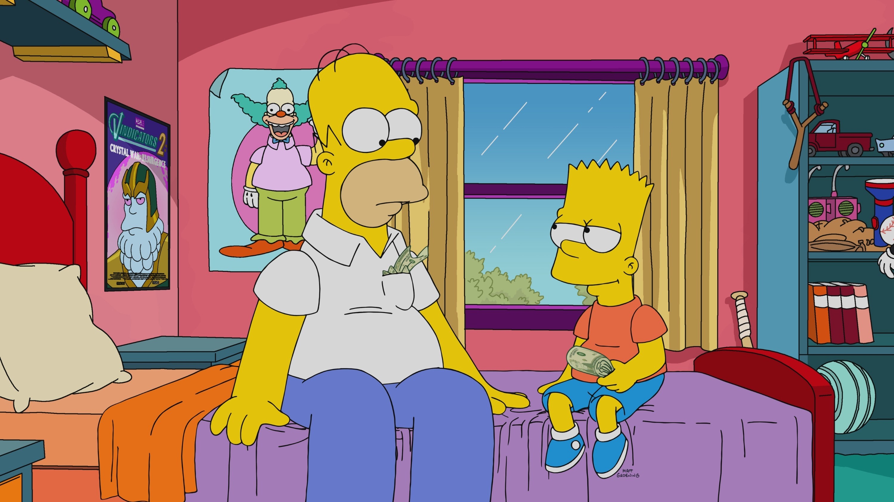 Homer Simpson (voiced by Dan Castellaneta) and Bart Simpson (voiced by Nancy Cartwright) talking