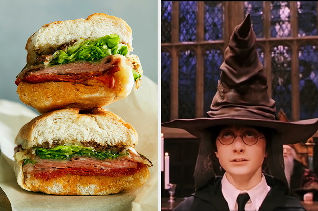 On the left, two halves of an Italian sub stacked on top of each other, and on the right, Harry Potter wearing the sorting hat