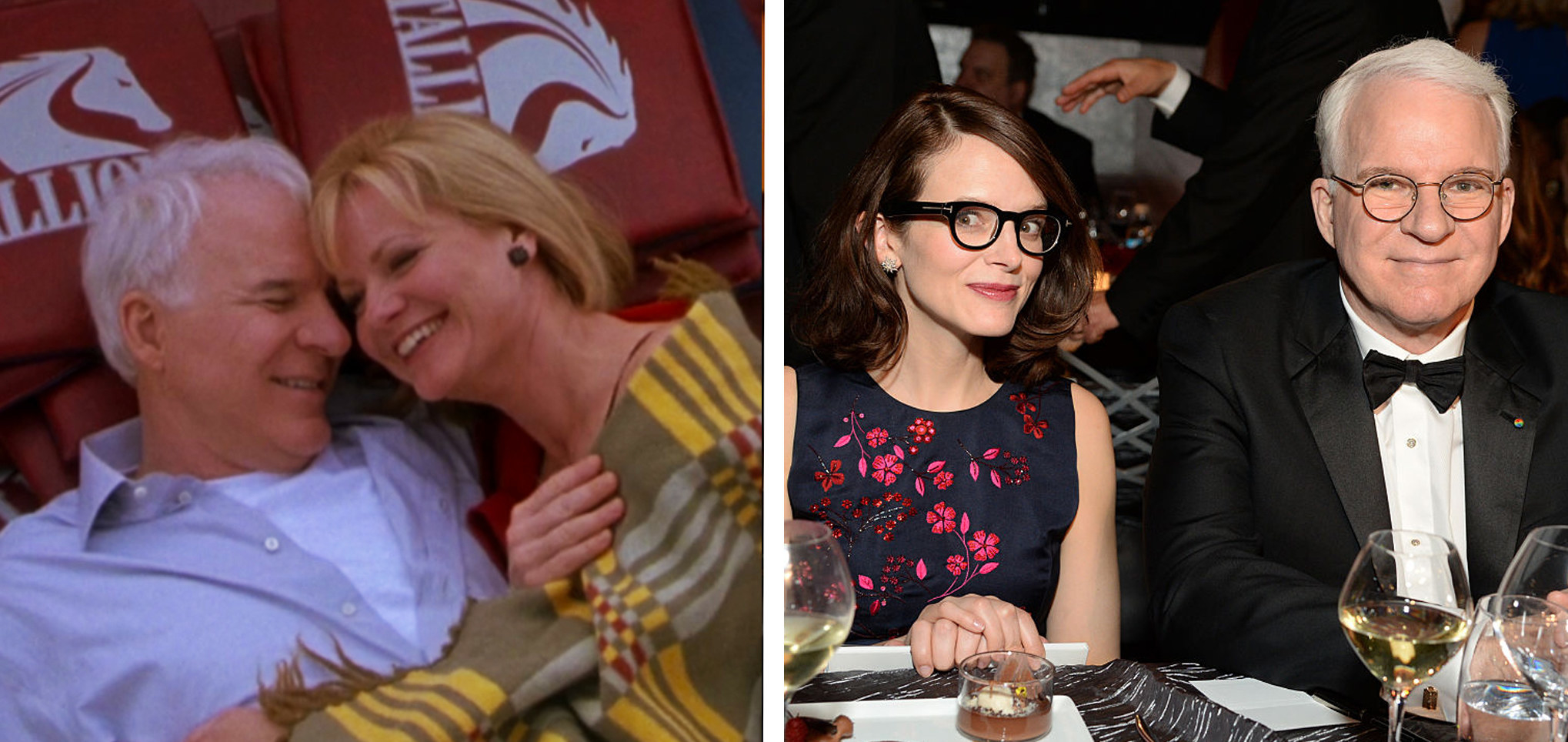 On the left, Steve Martin is in character with his co-star laying down in a scene from the movie. On the right, Steve is with his wife at an awards ceremony