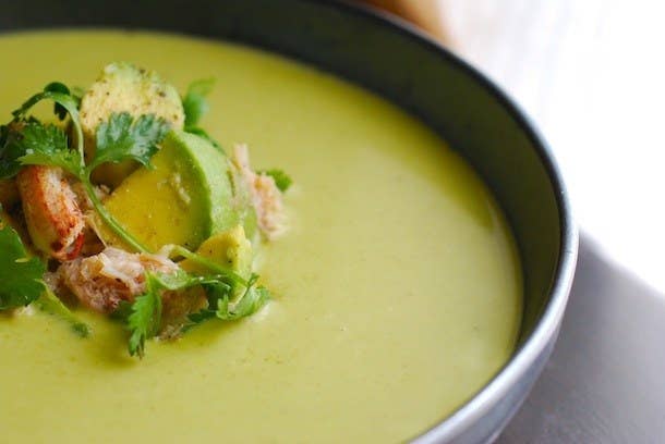 Chilled Fresh Pea Soup with Crab &amp;amp; Guacamole Salad