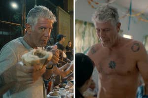 Anthony Bourdain eating a sandwich and dancing with a woman