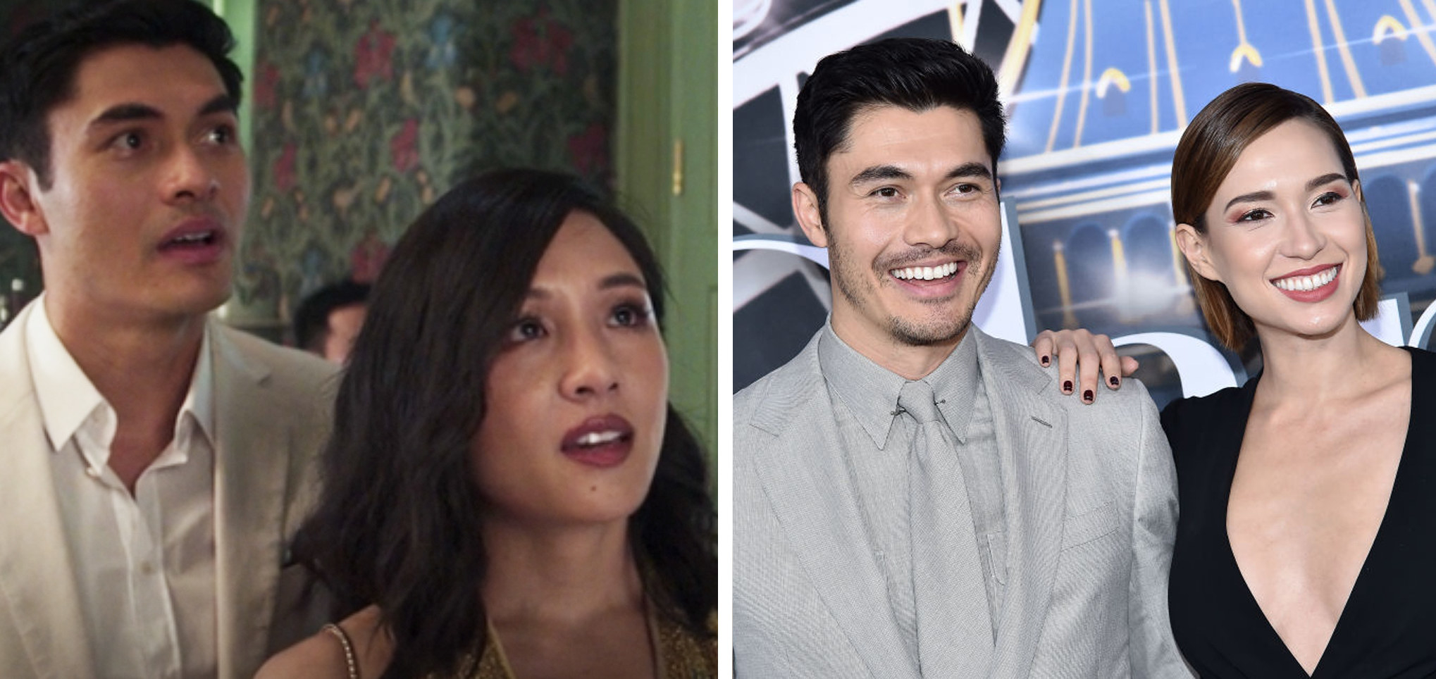 On the left, Golding is in character with co-star Constance Wu at the mansion. On the right, he is with his wife at a premiere.