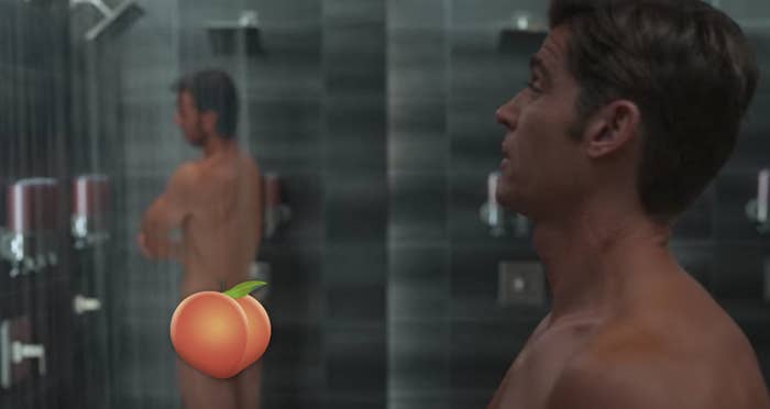 Cooper looks over at Brad in the shower; a beach emoji covers Brad&#x27;s butt