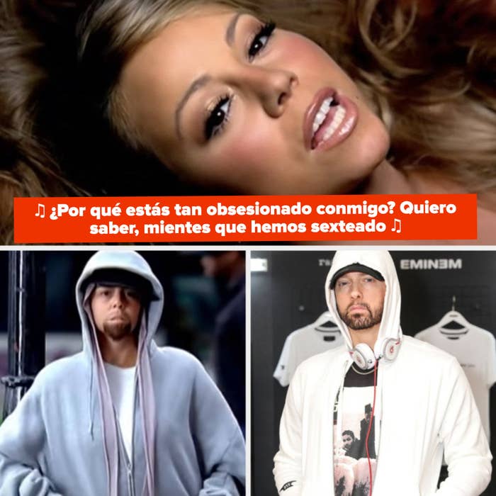 Mariah Carey cantando: "¿Por qué estás tan obsesionado conmigo? Quiero saber, mientes que hemos sexteado " Carey vestida de Eminem en el video de "Obsessed"; Eminem con una hoodie en un evento