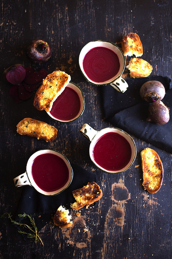 Chilled Beetroot Soup with Garlic and Thyme Toasts