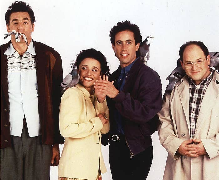 The cast of Seinfeld, Karmer, Elaine, Jerry and George pose for a promotional photo