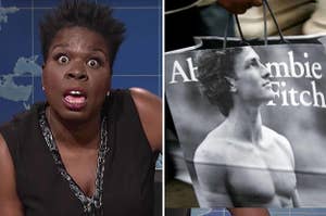 Leslie Jones looking shocked, and an Abercrombie & Fitch bag with a shirtless man on it