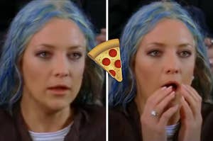 kate hudson with blue hair and a pizza emoji in the middle