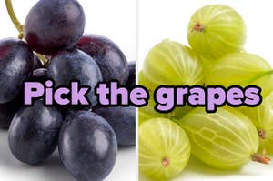 A bunch of grapes, a pile of gooseberries