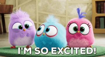 GIF of three little angry birds jumping up and down with excitement that reads, I&#x27;m so excited