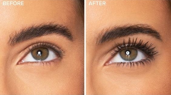 before-and-after of model&#x27;s eyelashes with and without volumizing mascara