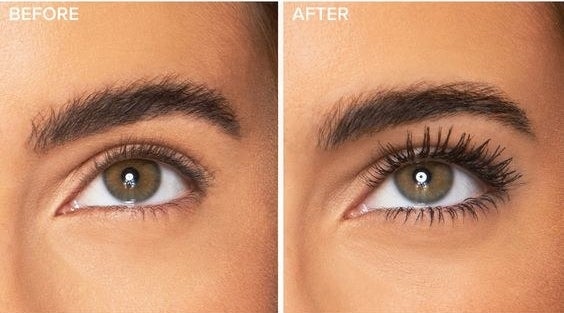 before-and-after of model's eyelashes with and without volumizing mascara