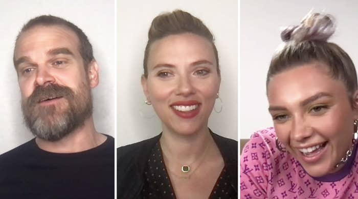 David Harbour, Scarlett Johansson, and Florence Pugh smiling and laughing