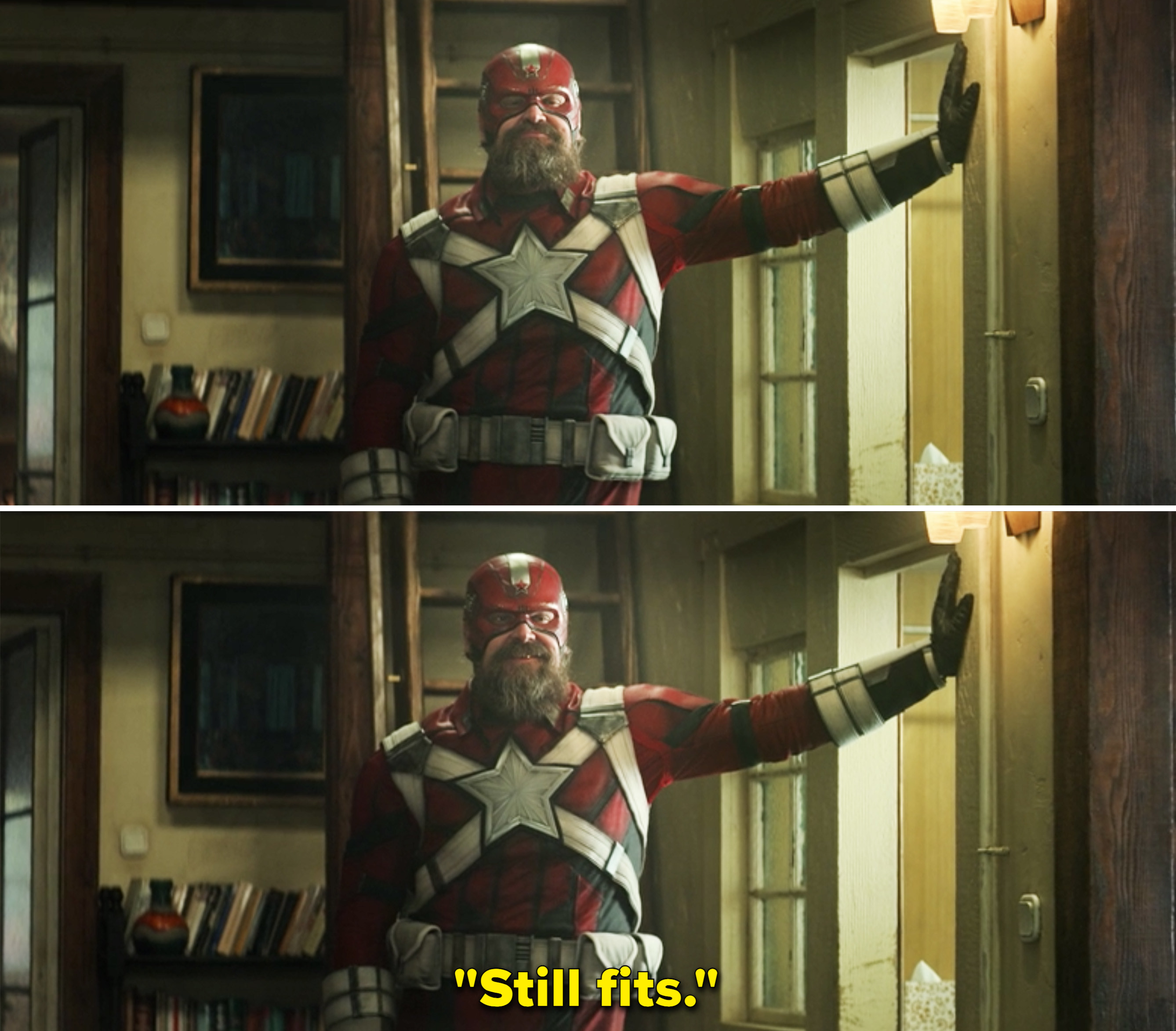 Alexei posing in a door way in his Red Guardian suit and saying, &quot;Still fits&quot;