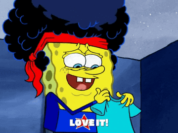SpongeBob hugging a t-shirt to his chest and saying &quot;love it!&quot;