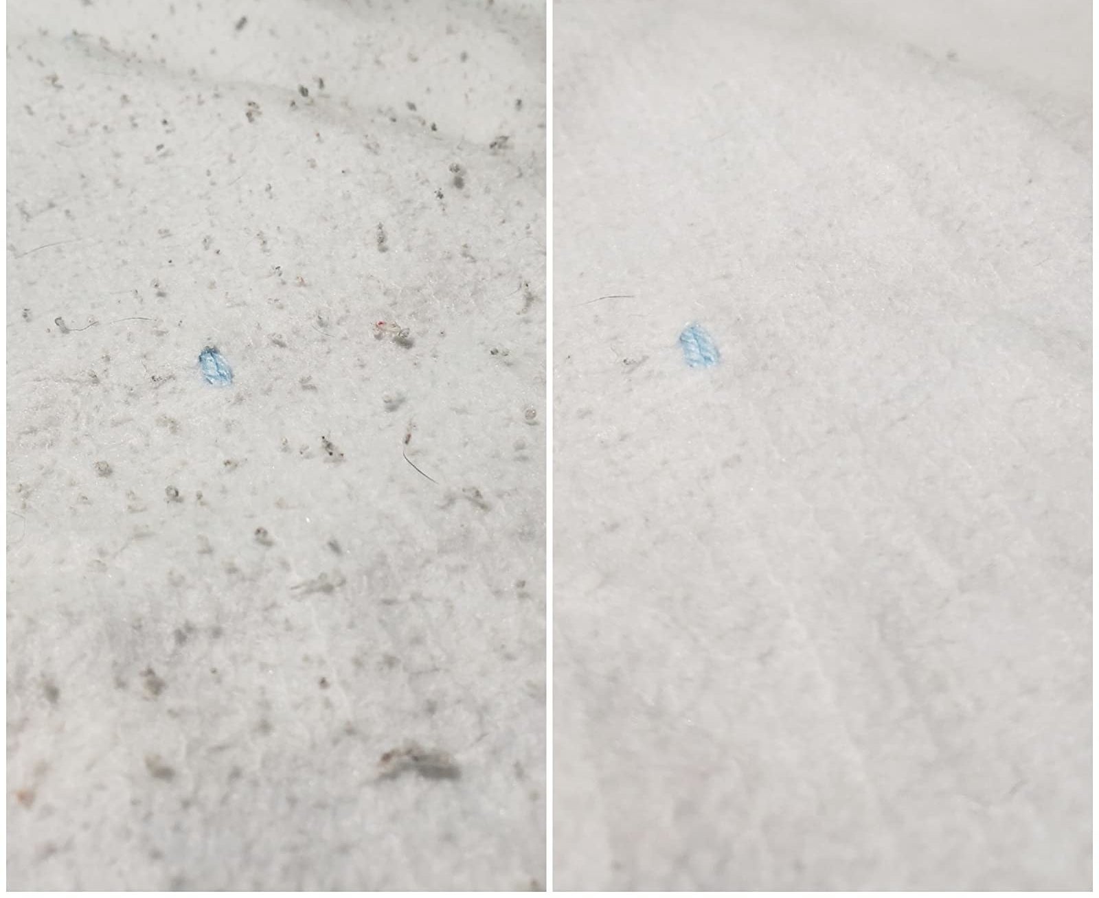 a reviewer photo of a white piece of fabric with lots of pilling on the left, and the saem fabric without pilling on the right