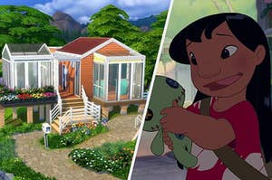 a tiny sims house on the left and lilo from lilo and stitch on the right
