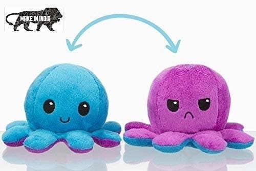 An octopus plush toy with a happy face and the same toy reversed to show a frowny face