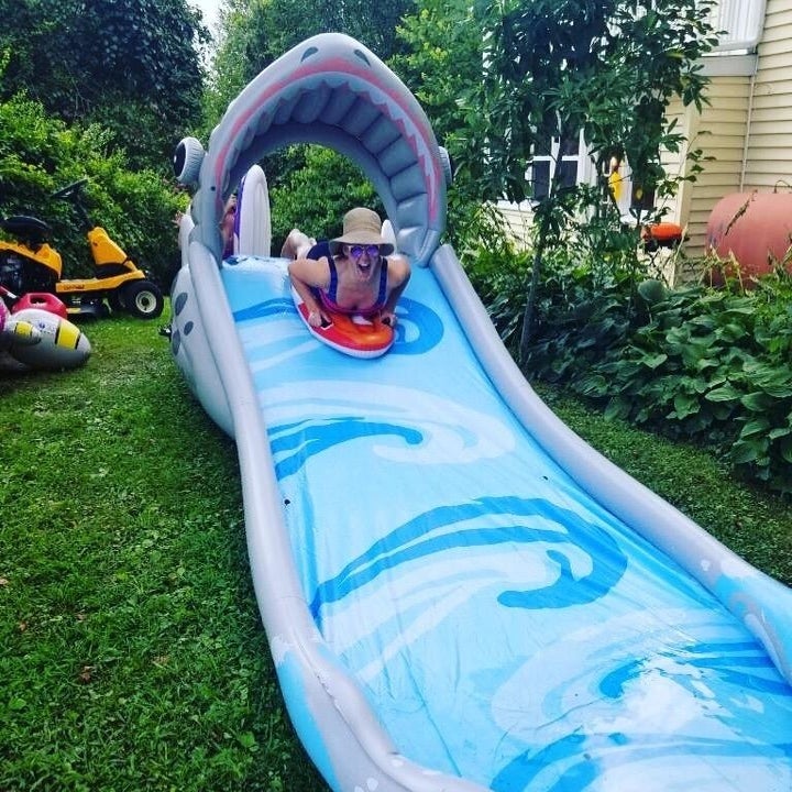 Reviwer going down the shark water slide