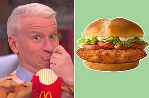 On the left, Anderson Cooper eating McDonald's fries, and on the right, a deluxe chicken sandwich from McDonald's