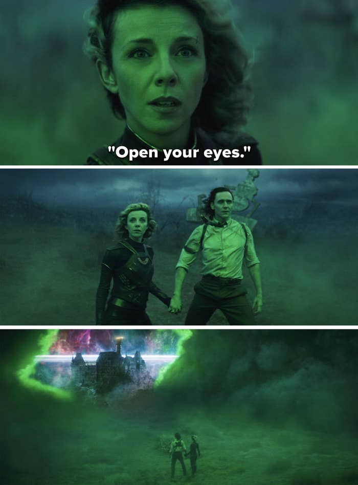 Sylvie telling Loki to open his eyes, and the two of them looking through green mist at a city