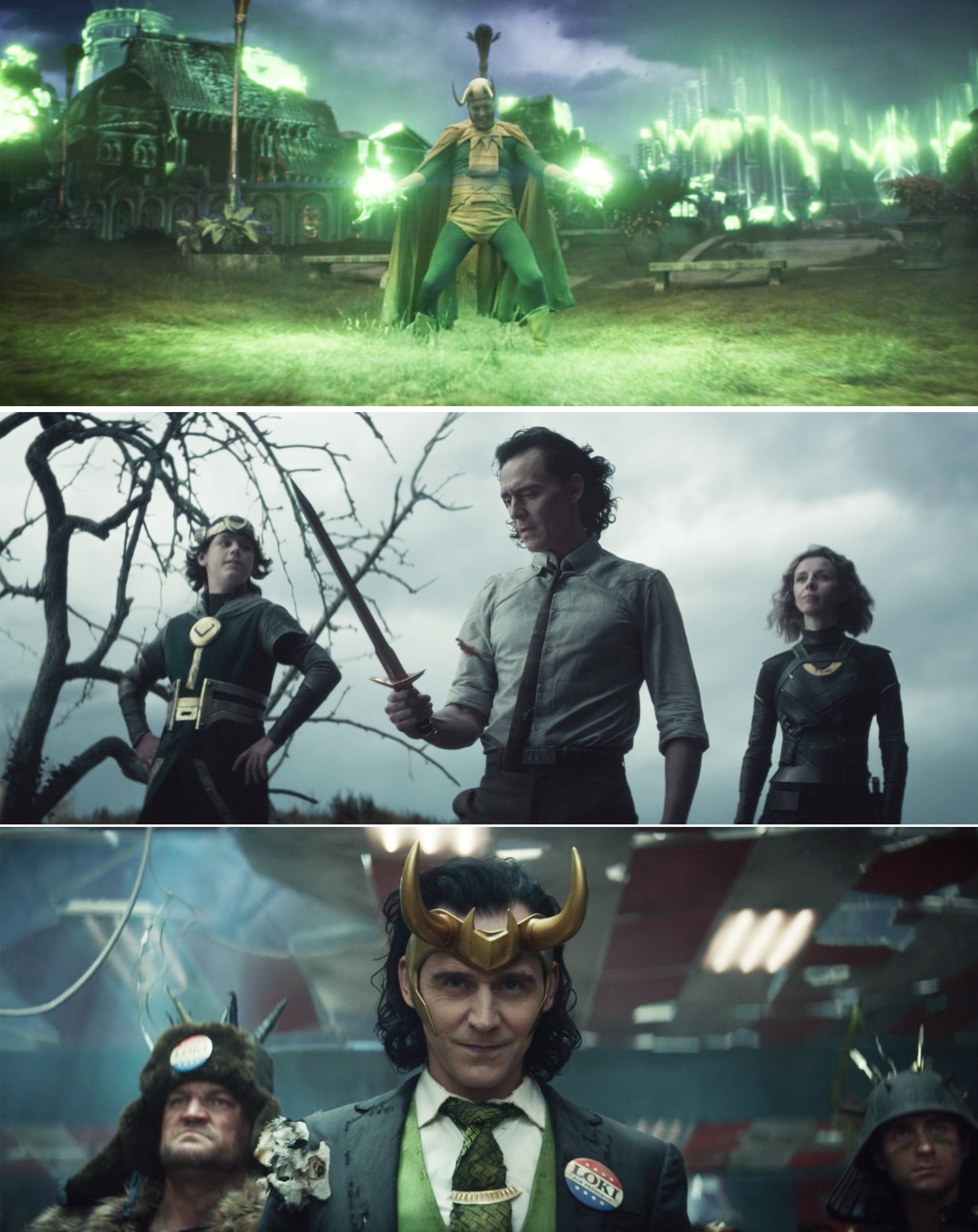 Classic Loki doing magic, Kid Loki giving Loki and sword, and President Loki