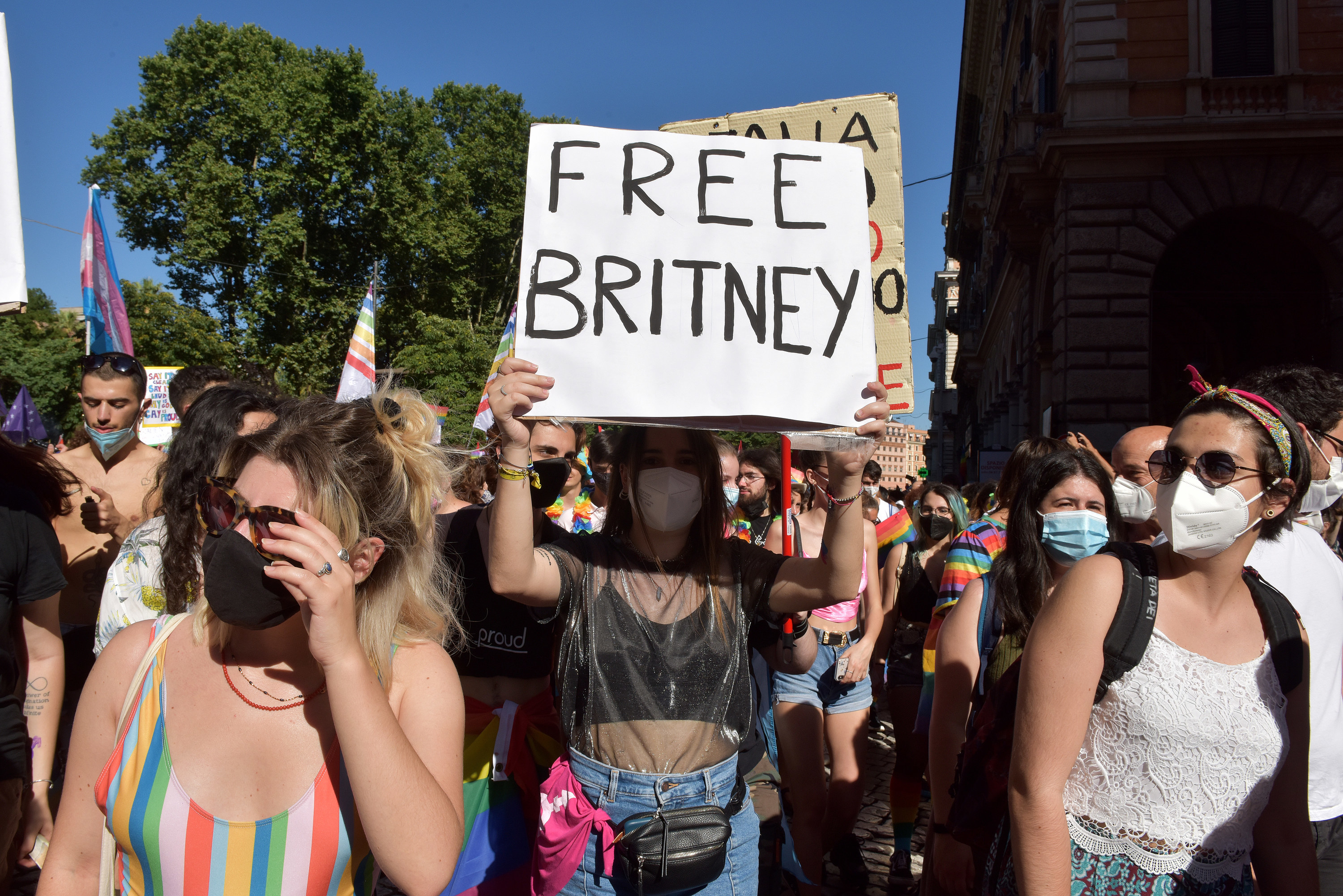 Protesters wearing masks and holding up signs, including &quot;Free Britney&quot;