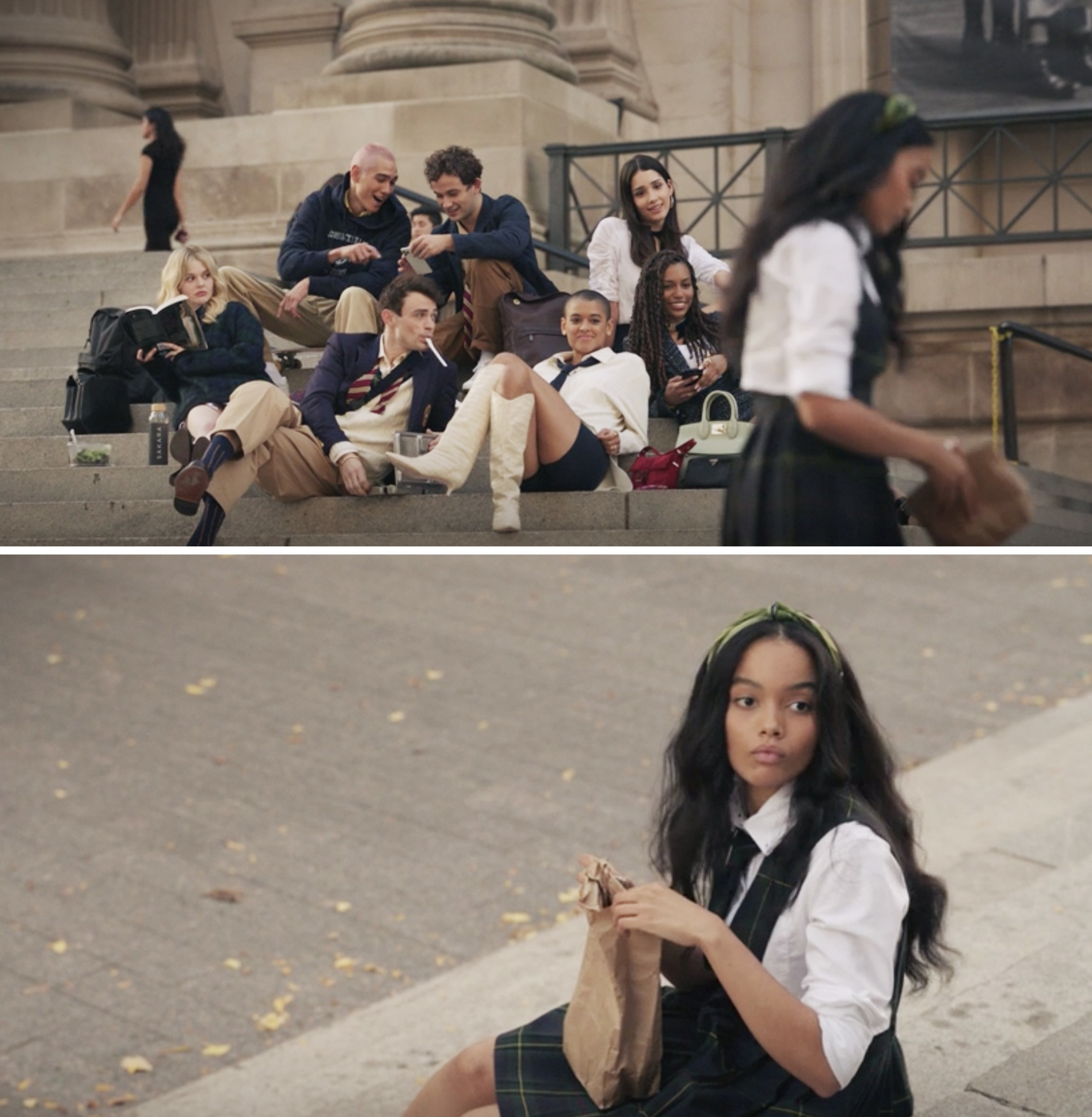 The new cast of Gossip Girl sitting on the steps of the Met