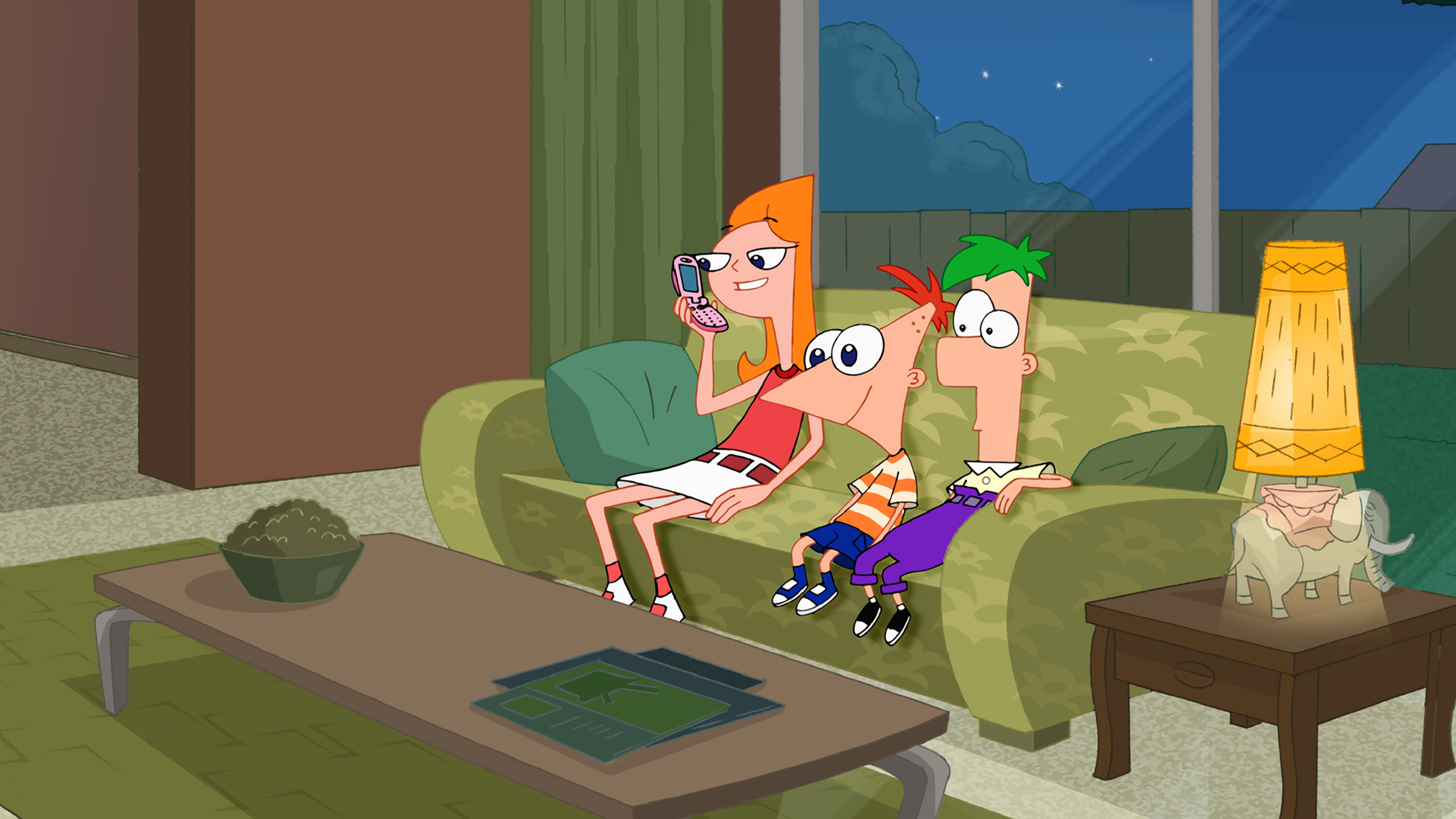 Candace, Phineas, and Ferb sit on the couch