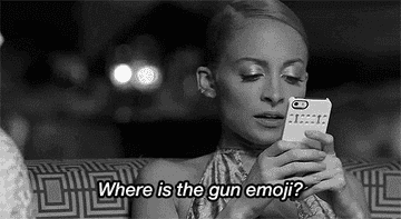 Woman saying, &quot;where is the gun emoji?&quot; while texting