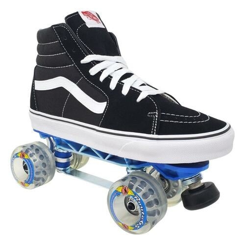 A customer roller skate with a vans sneaker placed on roller skates