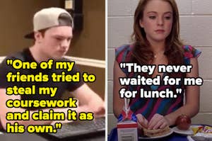 Man looking mad at computer and girl sitting alone at lunch