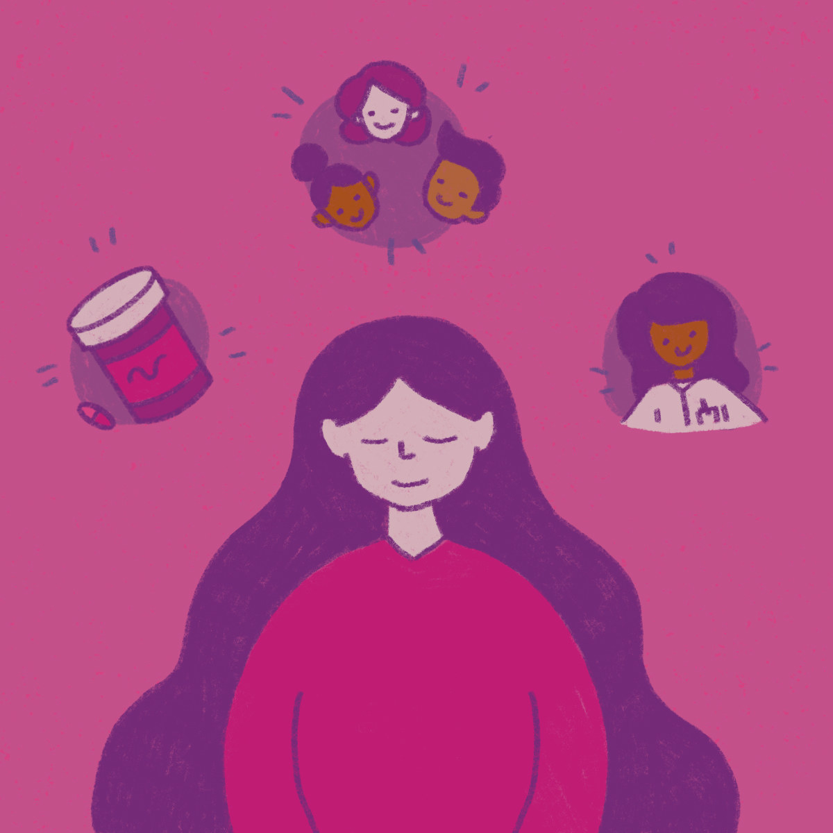 An illustrated image of a young girl with pharmaceutical pills, a doctor, and friends hovering in think boxes above her head