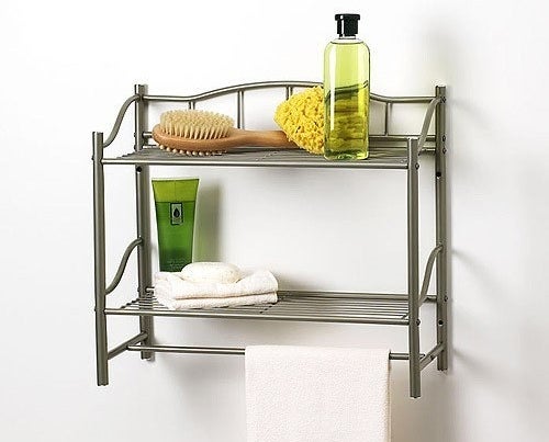 The nickel finish two-shelf towel bar wall organizer